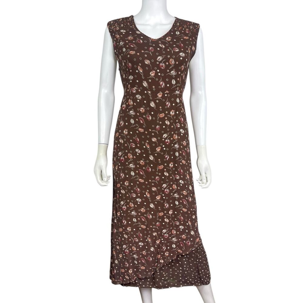 April Cornell Vtg Women's M Brown Floral Boho Cottagecore Tie Midi Dress EUC